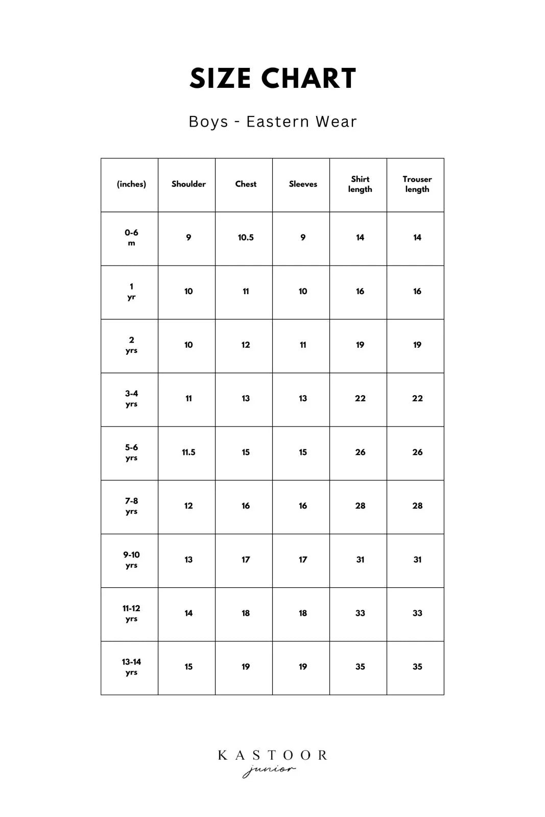 KKB-129 Size Chart